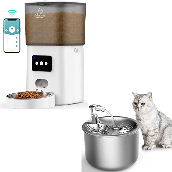 WELLPET 6L Automatic Cat Feeder & 2L Cat Water Fountain Stainless Steel for Dogs, Cats, Multiple Pets 