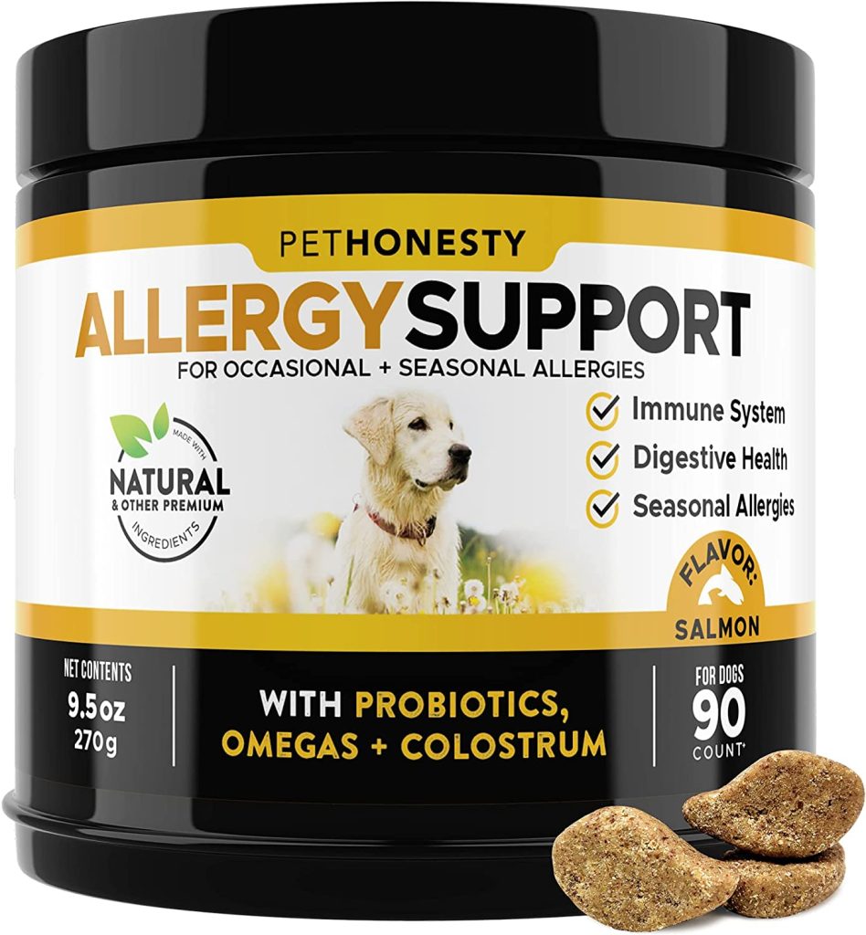 Pet Honesty Dog Allergy Relief Chews, Omega 3 Salmon Fish Oil Probiotic Supplement for Anti-Itch, Hot Spots, and Seasonal Allergies (Salmon) 