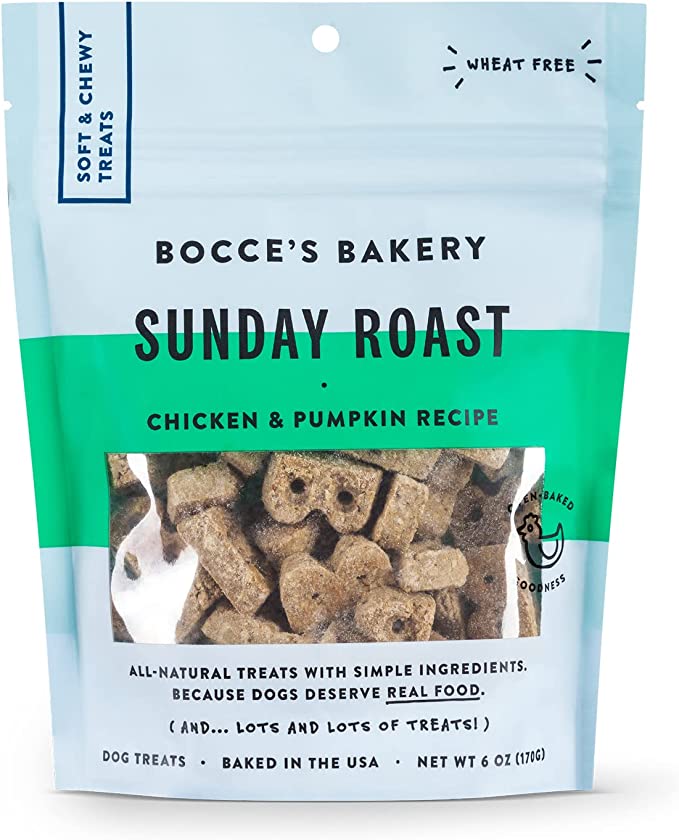 Bocce's Bakery Oven Baked Sunday Roast Treats for Dogs, Wheat-Free Everyday Dog Treats, Made with Real Ingredients, Baked in The USA, All-Natural Soft & Chewy Cookies, Chicken & Pumpkin Recipe, 6 oz 