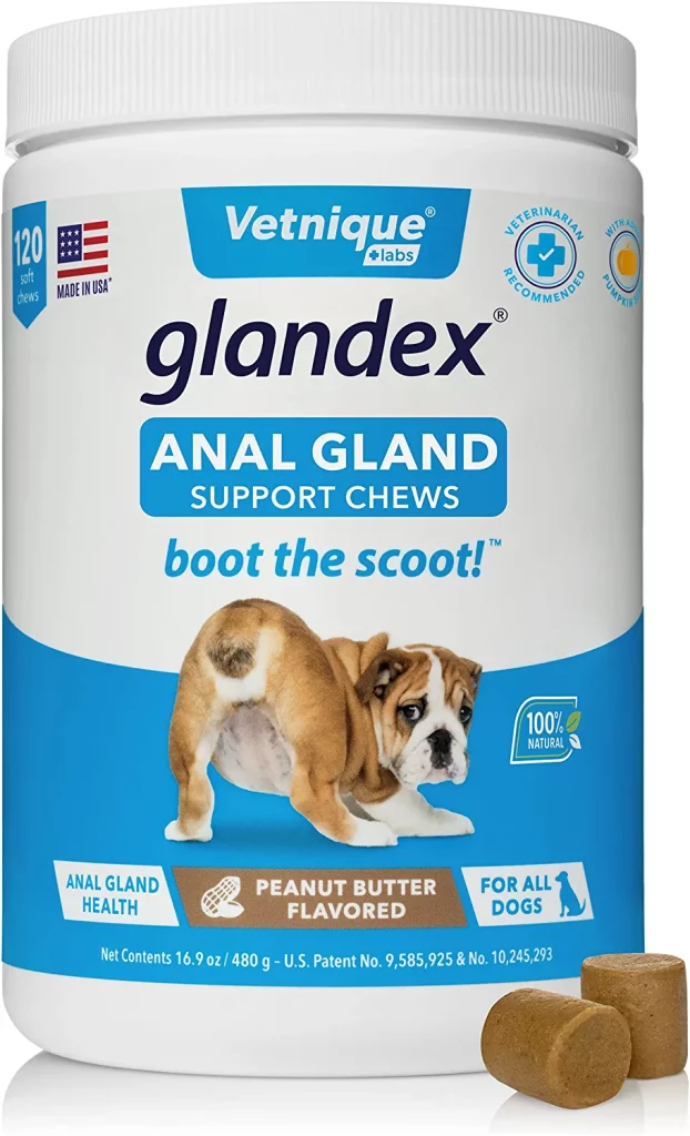 Glandex Anal Gland Soft Chew Treats with Pumpkin for Dogs Digestive Enzymes, Probiotics Fiber Supplement for Dogs Boot The Scoot (Peanut Butter Chews, 120ct) 