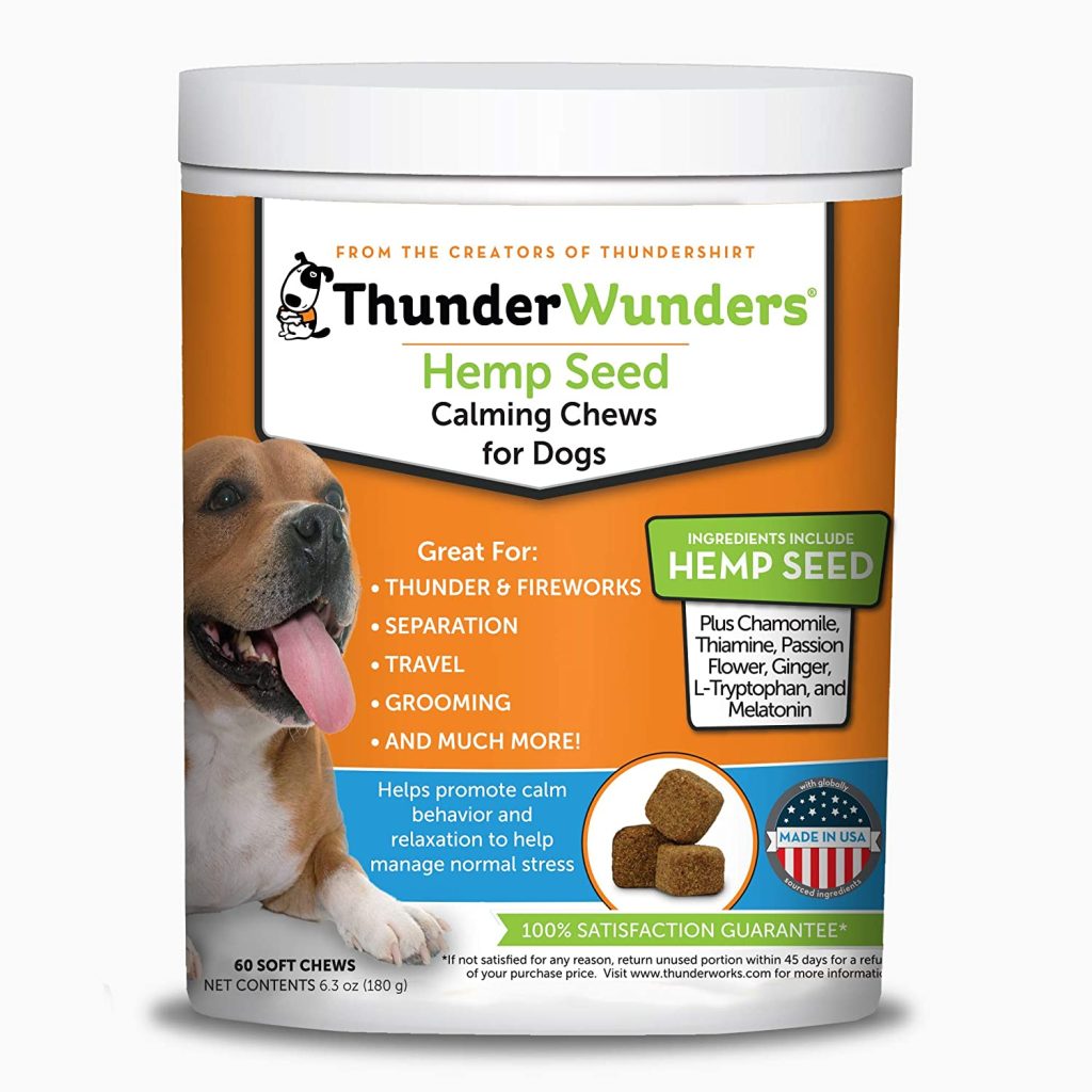 ThunderWunders Hemp Dog Calming Chews | Vet Recommended for Situational Anxiety | Fireworks, Thunderstorms, Travel & More | Made with Hemp Seed, Thiamine, L-Tryptophan, Melatonin & Ginger (60 Count) 